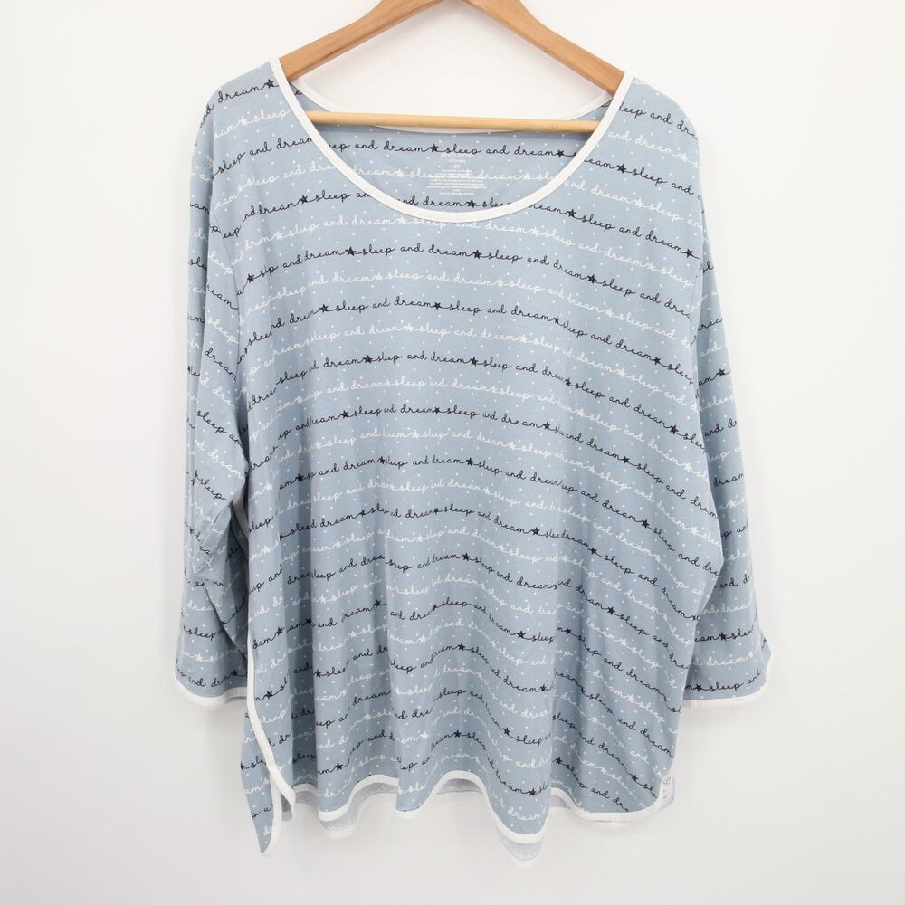 Sleep Sense Pajama Top Blue White Handwriting Pattern Scoop Neck Long Sleeve 3X